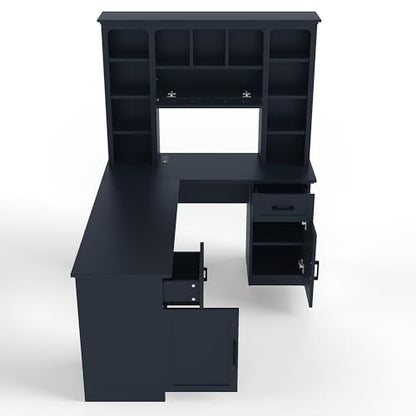 L-Shaped Home Executive Desk with 2 Cabinets and 2 Drawers, Computer Desk with Power Outlet, 11 Open Shelves and 1 Right Flip Shelf with Storage for Study, Living Room and Office (Antique Blue-02) - color: Antique Blue-02