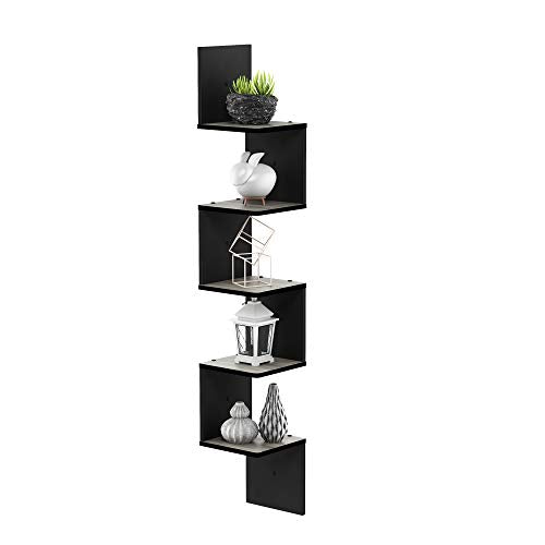 Furinno ROSSI Corner Floating Shelves for Wall, 5-Tier Corner Square Wall Shelf, S-shape Radial Floating Book Shelf, Easy Assembly, for Bathroom, Bedroom, Living Room, French Oak - color: French Oak/Black, size: 5-Tier Corner Shelf - 7.8" x 7.8" x 48.8" -