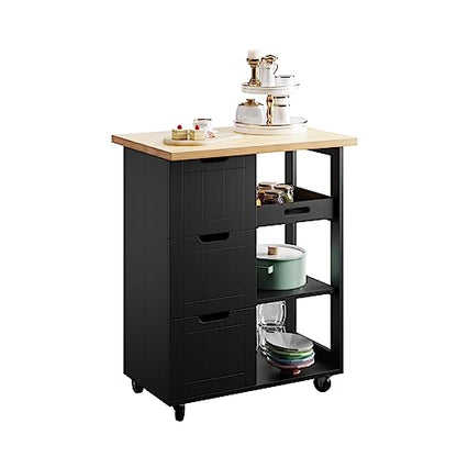 SUNLEI Kitchen Island with Storage Cart Rolling Coffee Small Butcher Block Table Microwave with 3 Drawers on Wheels Station Portable Mobile Narrow Moveable Utility Counter Wood Top Spaces Bar Food - size: 26.6 INCH, style: Black