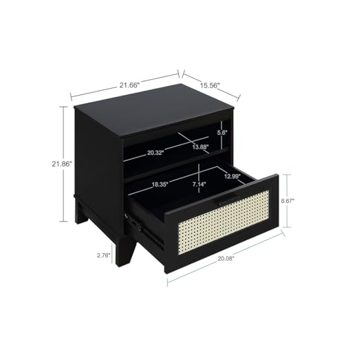 Manhattan Comfort Sheridan Cane Nightstand with Full-Extension Drawer and Open Shelf Cubby, Mid-Century Modern Bedside End Table, Boho Night Stand Accent Table for Bedroom or Living Room in Black - size: Set of 1