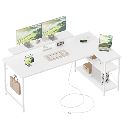 Mericonia Small L Shaped Computer Desk with Power Outlets, Reversible Gaming Desk with Storage Shelves & Monitor Stand, Corner Gamer Desk Table, Study Writing Table - color: White, size: 55 inch