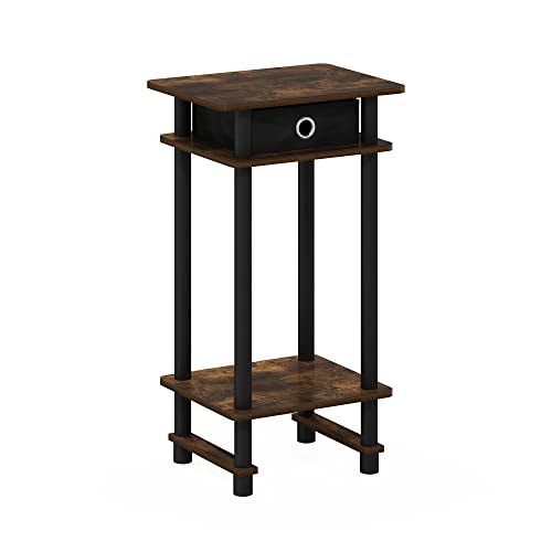 Furinno Turn-N-Tube Tall End Side Night Stand/Bedside Table with Bin Drawer, 1-Pack, Amber Pine/Black/Black | 1x Storage Bin, Tall Narrow Open Shelf Night Stand, Modern Bedside Table, Toolless Assembly, for Living Room, Bedroom - color: Amber Pine/Black/B
