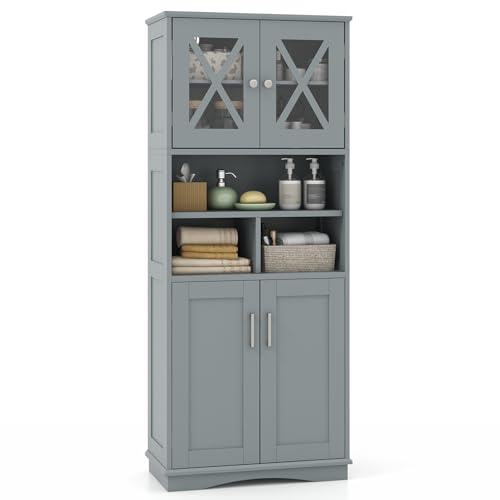 Tangkula Tall Bathroom Cabinet, Modern Kitchen Cupboard Pantry with Adjustable Shelves, 2 Acrylic Doors & 3 Open Cubes, Large Floor Storage Cabinet for Bathroom Living Room (23.5 x 12 x 57 Inch,Grey) - color: Grey, size: 23.5 x 12 x 57 Inch