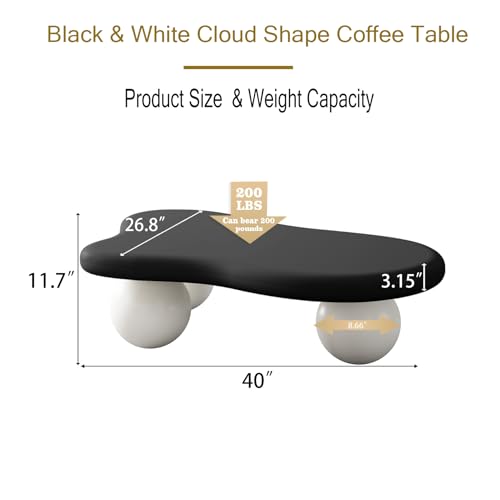40” Cloud Coffee Table with 3 Ball Legs, Modern Irregular Center Table for Living Room, Low Cute Small MDF Tea Table for Bedroom, Space Apartment-Black White - color: Cloud -40"black White