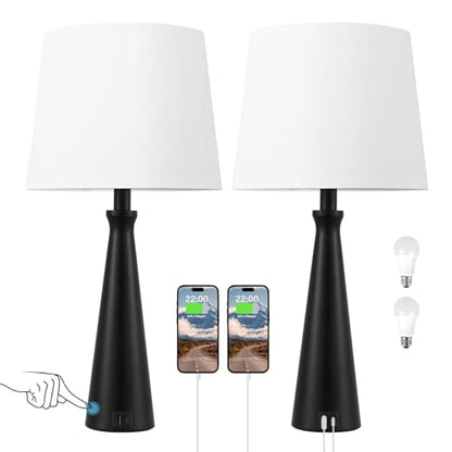 Seealle Modern Table Lamps Set of 2 - Touch Bedside Lamp for Nightstand with Dual USB C+A,3-Way Dimmable Black Nightstand Lamps for Living Room Bedroom End Table(Bulb Included) - color: A. Black-White
