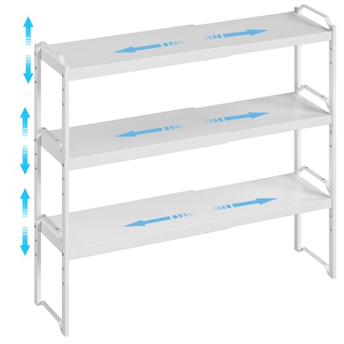 3 Pack Kitchen Cabinet Organizer Shelf, Stackable Expandable Shelves Organizers For Kitchen Cabinet Countertop Storage, Adjustable Counter Cupboard Pantry Organizer Shelf Rack Stand, Length:25.5 Inch - color: White, size: 3 Pack: 15.5"-25.5"L