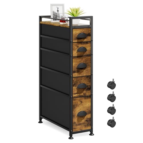 LASZOLA 5 Drawer Narrow Dresser Slim Cabinet Skinny Storage Tower Chest, Ideal for Small Spaces Bathroom, Between Washer and Dryer, Lightweight Mobile on Wheels, Sturdy Fabric Drawers, Brown - color: Classical Brown, size: 29.5-33.5"H (5 Drawers)