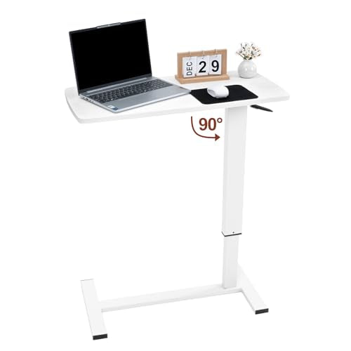 Overbed Bedside Table with Wheels, Adjustable Pneumatic Mobile Standing Desk, Laptop Table Rolling Bed Desk Foldable for Hospital & Home (32" W x 16" D, White) - size: 27“-38”