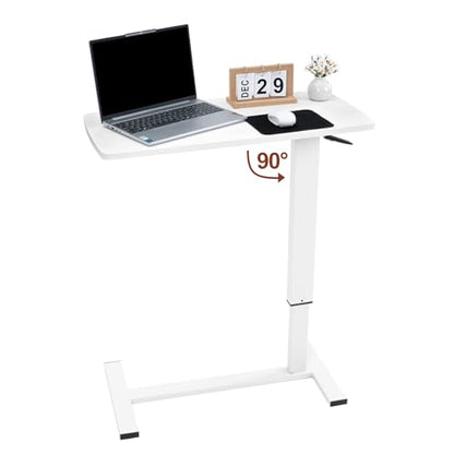 Overbed Bedside Table with Wheels, Adjustable Pneumatic Mobile Standing Desk, Laptop Table Rolling Bed Desk Foldable for Hospital & Home (32" W x 16" D, White) - size: 27“-38”