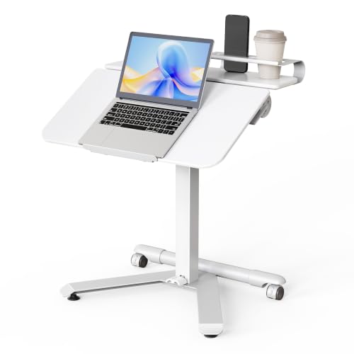 ROMOON Portable Standing Desk with Wheels, Height Adjustable Mobile Desk | Rolling Laptop Cart with Tilt Top, Storage, 24" Sit-Stand Computer Table for Home Office, Bedroom, Dorm, Small Spaces, White - color: White