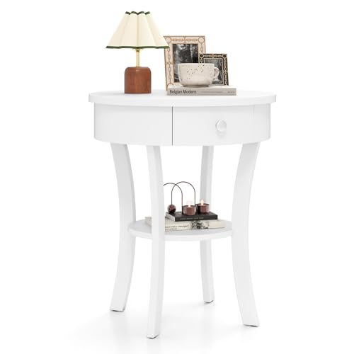 GOFLAME Round End Table with Drawer, 2-Tier Sofa Side Table with Solid Wood Legs, Open Storage Shelf, Vintage Accent Table, Display Table, Compact Nightstand for Living Room, White - color: White