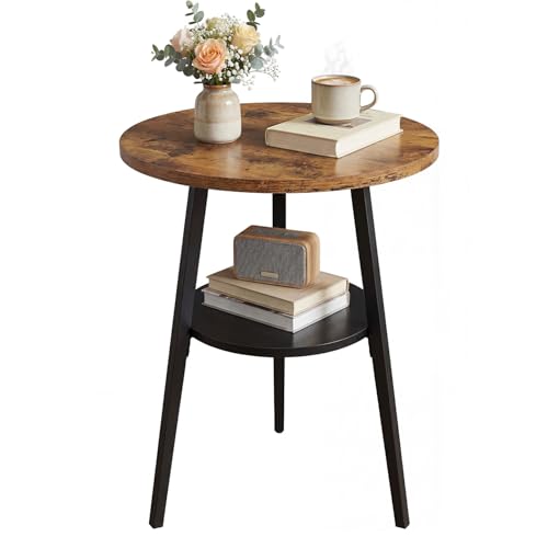 Small Round Side Table, End Tables Living Room, Rustic Brown | 2-Tier Side Table with Storage Shelf for Small Spaces, Bedside Accent Table for Living Room, Bedroom, Metal Frame & Wood Top - color: Rustic Brown