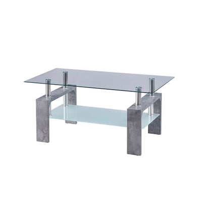 Living Room Rectangle Coffee Table, Tea Table Suitable for Waiting Room, Modern Side Coffee Table with Wooden Leg, Glass Tabletop with Lower Shelf,Grey Marble - color: Grey Marble