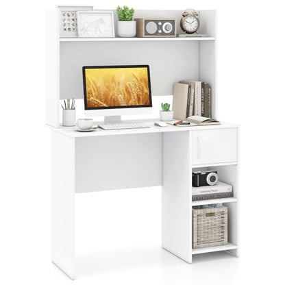 Giantex White Desk with Hutch, Small Computer Desk with Bookshelf & Adjustable Shelf, 2 Cable Holes, Modern Laptop PC Computer Workstation, Study Writing Desk for Small Spaces, Bedroom, Home Office - color: White