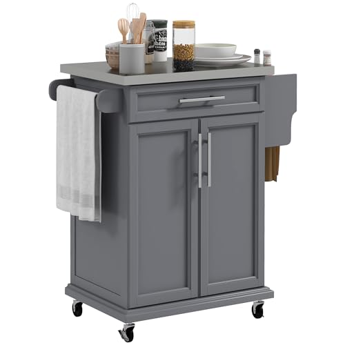 HOMCOM Kitchen Island on Wheels, Rolling Kitchen Cart with Stainless Steel Countertop, Drawer, Towel Rack and Spice Rack, Utility Storage Trolley, Gray - color: Grey