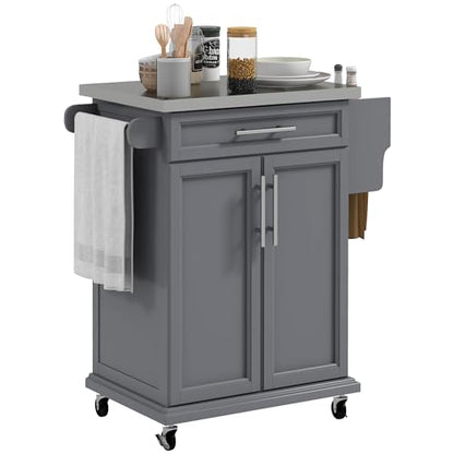 HOMCOM Kitchen Island on Wheels, Rolling Kitchen Cart with Stainless Steel Countertop, Drawer, Towel Rack and Spice Rack, Utility Storage Trolley, Gray - color: Grey