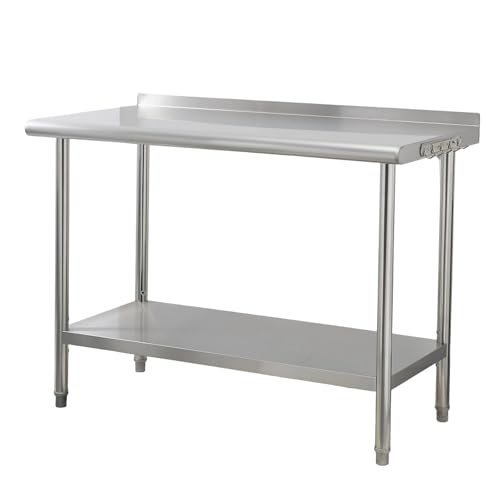 Garvee Stainless Steel Curved Edge Work Table 48 inch Double Layer with Backsplash, Heavy Duty Commercial Prep Table with Hook, 0.7mm Thick - size: 48*24*35 inch - with rear backboard