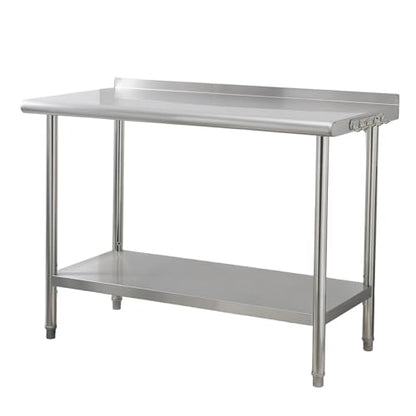 Garvee Stainless Steel Curved Edge Work Table 48 inch Double Layer with Backsplash, Heavy Duty Commercial Prep Table with Hook, 0.7mm Thick - size: 48*24*35 inch - with rear backboard