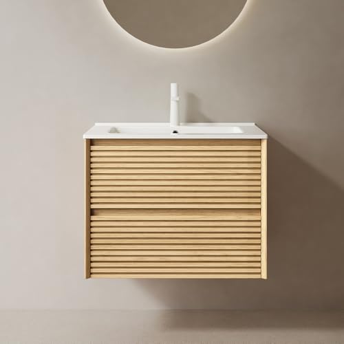 24" Floating Bathroom Vanity with Sink, Wall Mounted Modern Bathroom Cabinet with 2 Soft Close Drawers, Oak & Plywood, Pre-Assembled with Integrated Ceramic Basin – Sedona, Light Oak - color: Light Oak, size: 24 Inch