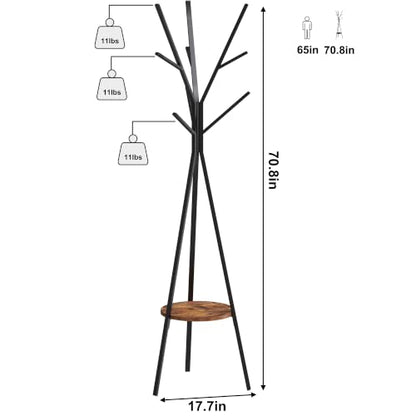 HOME BI Coat Rack, Coat Hanger Stand with Shelves, Freestanding Hall Tree, Metal Hat Hanger with 9 Hooks for Clothes Hats and Scarves, Black and Rustic Brown(Black+Rustic Brown) - color: Rustic Brown
