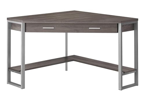 Pemberly Row Corner Computer Desk, 42" L x 42" D x 30" H, Taupe Wood Look Finish, Silver Metal Frame, Drawer and Bottom Shelf, Space-Saving Design for Home Office or Workstation Use - color: Taupe- Silver