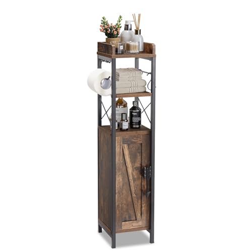VECELO Small Bathroom Cabinet, Slim Toilet Paper Holder with Door&2 Shelves Metal Racks, Narrow Storage Organizers, Free Standing Farmhouse Style for Bathroom Restroom Tiny Space,Dark Brown - color: Brown