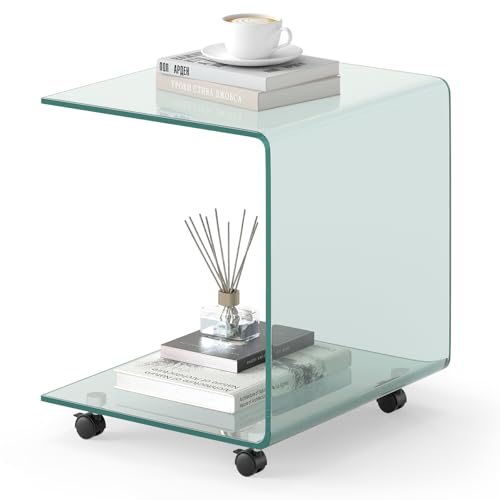 Tangkula Tempered Glass Side Table, Modern C-Shaped Bedside Table Nightstand with Storage Shelf, 4 Lockable Universal Wheels, Rolling Sofa End Table for Living Room Bedroom Office (1, Transparent) - color: Transparent