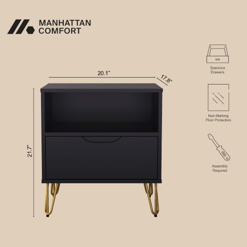 Manhattan Comfort Avira 20 Inch Nightstand with Drawer and Shelf, Mid Century Modern Bedroom Stand with Storage, Compact Side End Table with Metal Legs, Black - color: Black