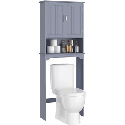 Yaheetech Over The Toilet Bathroom Cabinet with 2 Doors & Adjustable Shelf, Free Standing Toilet Rack Space-Saving, L24.5xW9xH66 Inches, Grey - color: Grey