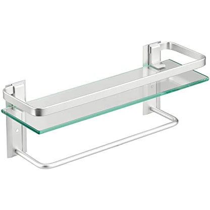 VOLPONE Glass Shelf with Towel Bar 15.7in Silver Bathroom Shelf Wall Mount Rustproof Bathroom Wall Organizer 1 Tier (Silver) - style: 1 tier with towel bar silver
