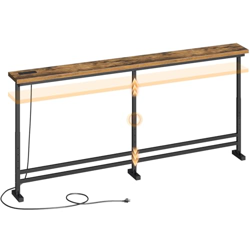 YATINEY 70.9" Console Table with Adjustable Height (27.6"-35.4") and Power Outlet, Skinny Behind Couch Table, Narrow Long Sofa Table for Living Room, Hallway, Entryway, Rustic Brown and Black CT08UBR - color: Rustic Brown + Black, size: 70.9"L x 5.9"W x 2