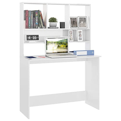 High Gloss White Engineered Wood Compact Desk Rectangular with 5 Storage Spaces and 4 Built-in Shelves for Home Office Workspace Organization
