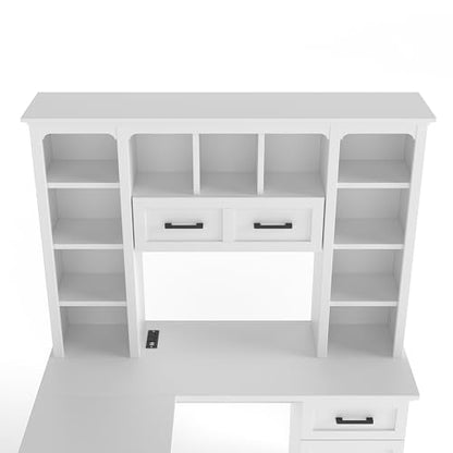 L-Shaped Home Executive Desk with 2 Cabinets and 2 Drawers, Computer Desk with Power Outlet, 11 Open Shelves and 1 Right Flip Shelf with Storage for Study, Living Room and Office (White-02) - color: White-02