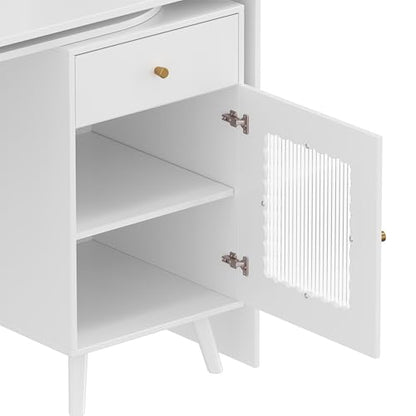 Wooden Computer Gaming Desk with 90 Degree Rotating Desktop, Study Writing Desk with Open Shelves, Storage Drawer and Cabinets, Work Desk for Home Office Bedroom Living Room (White-03) - color: White-03
