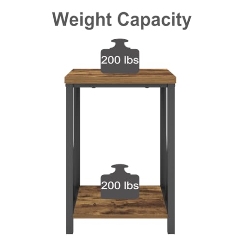 EXCEFUR End Table, Square Side Tables for Living Room, Industrial Metal and Wood Nightstand for Bedroom, Rustic Brown