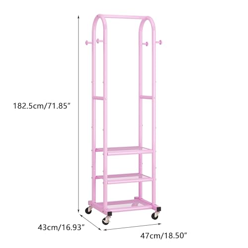 Dttwacoyh Clothing Rack with Wheels,Narrow Metal Garment Rack,Pink | Easy to install, 71.8 Inches Display Rack with 4 Side Hooks & 3 Shelves,for Small Flats, Bedroom, Entryway,Pink Clothes Rack - color: Pink