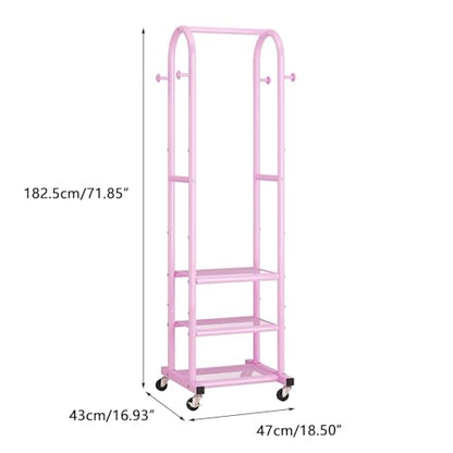 Dttwacoyh Clothing Rack with Wheels,Narrow Metal Garment Rack,Pink | Easy to install, 71.8 Inches Display Rack with 4 Side Hooks & 3 Shelves,for Small Flats, Bedroom, Entryway,Pink Clothes Rack - color: Pink