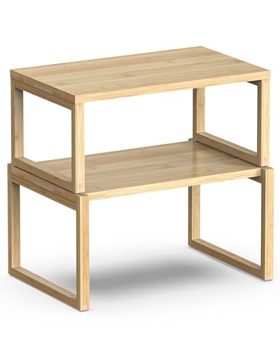 Bamboo Cabinet Organizer Shelf 2 Pack,Kitchen Shelf Organizer | Stackable Wood Spice Rack Storage for Kitchen and Bathroom Cabinet, Pantry & Countertop Nestable