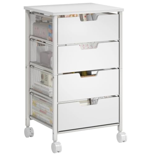 Rolling Cart with Drawers, Wooden Top and Front, with Wheels Metal Under Desk Storage Cart with 4 Drawers, for Office, Bedroom, Classroom, Home, White - color: White