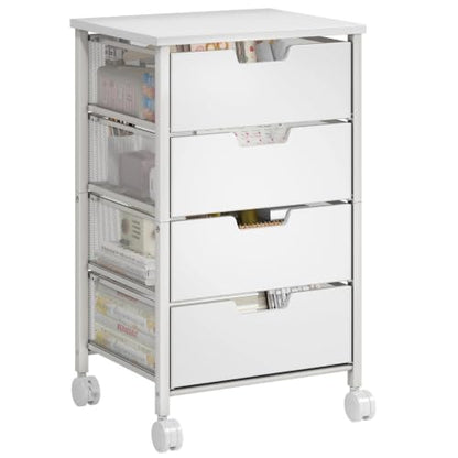 Rolling Cart with Drawers, Wooden Top and Front, with Wheels Metal Under Desk Storage Cart with 4 Drawers, for Office, Bedroom, Classroom, Home, White - color: White