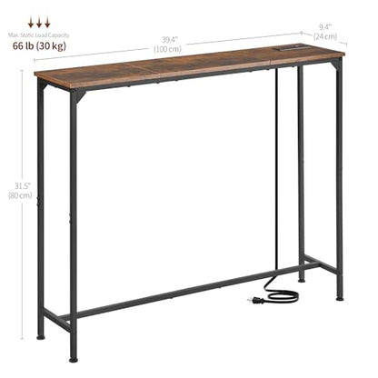 Console Table, Narrow Entryway Table, Thin Sofa Table, Behind Couch Table,for Hallway, Bedroom, Living Room, Foyer, 9.4 x 39.4 x 31.5 Inches, Rustic Brown - size: 9.4" W x 39.4" D, style: With Plug