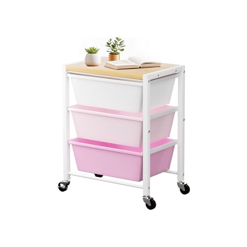 Rolling Cart with 3 Drawers, Plastic Drawer Storage Carts with Lockable Wheels & Wooden Tabletop, Metal Utility Cart Organizer, Office Bedroom Classroom Craft Organization and Storage, Bright Pink - color: Bright Pink, size: 3-drawer