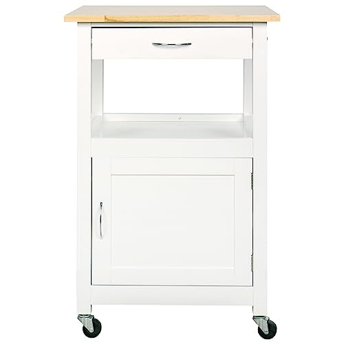 eHemco Kitchen Island Cart on Wheels, White Base | Drawer, Storage Cabinet, Shelf, Natural Solid Hardwood Top - color: White
