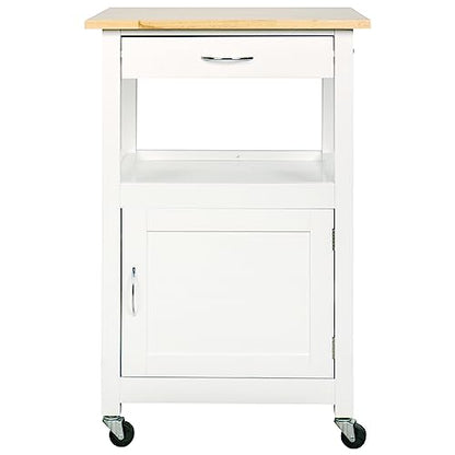 eHemco Kitchen Island Cart on Wheels, White Base | Drawer, Storage Cabinet, Shelf, Natural Solid Hardwood Top - color: White