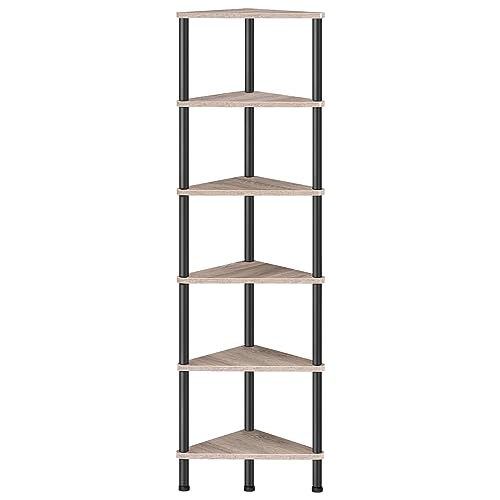 HOOBRO Corner Shelf Stand, Industrial 6-Tier Corner Bookshelf with Metal Frame, Plant Display Shelf, Bookcase for Small Spaces, Living Room, Greige and Black BG36CJ01 - color: Greige + Black, size: 11.8"D x 11.8"W x 57"H