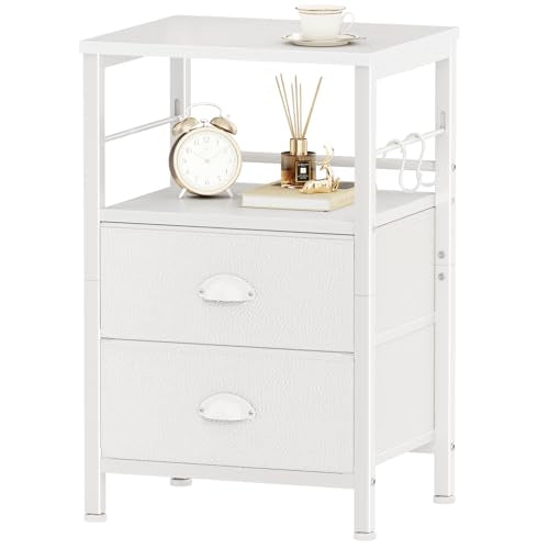 Furologee Nightstand Bedside Table with 2 Fabric Drawers, White Side Table with 2-Tier Shelf, Night Stand with Hooks, for Bedroom, Living Room, Backboard Design, Wooden Top, Metal Frame, White - color: White, style: 1pc