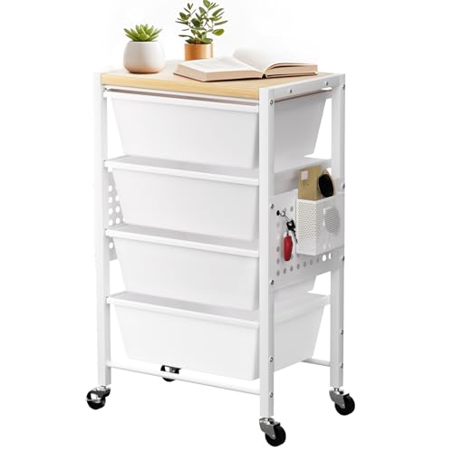 Rolling Cart with 4 Drawers, Plastic Drawer Storage Carts with Wheels & Wooden Tabletop, Metal Utility Cart with Pegboards, Office Living Room Classroom Craft Organization and Storage, Bright White - color: Bright White, size: 4-drawer