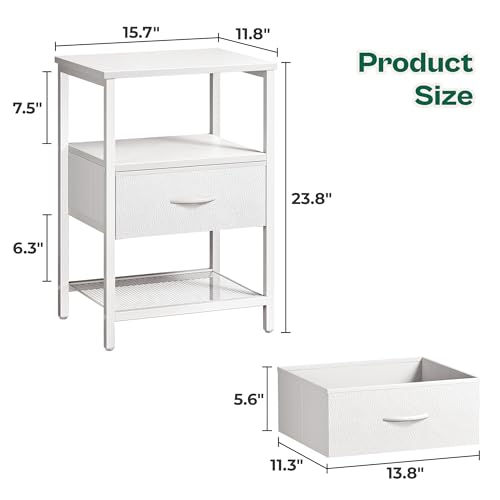 Huuger Nightstand Set of 2, Night Stand with Fabric Drawer, Mesh Shelf, Side Table with Storage, Fabric Drawer Dresser, Open Shelf, Metal Frame, Bedroom, White - color: White
