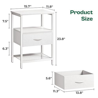 Huuger Nightstand Set of 2, Night Stand with Fabric Drawer, Mesh Shelf, Side Table with Storage, Fabric Drawer Dresser, Open Shelf, Metal Frame, Bedroom, White - color: White