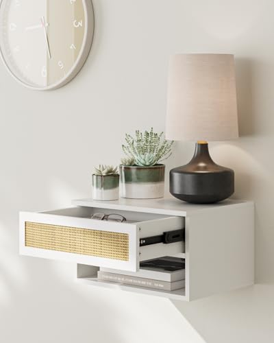 Small Modern Nightstand with Drawer, Floating Shelves for Bedroom, Bathroom (White Rattan) - color: White Rattan
